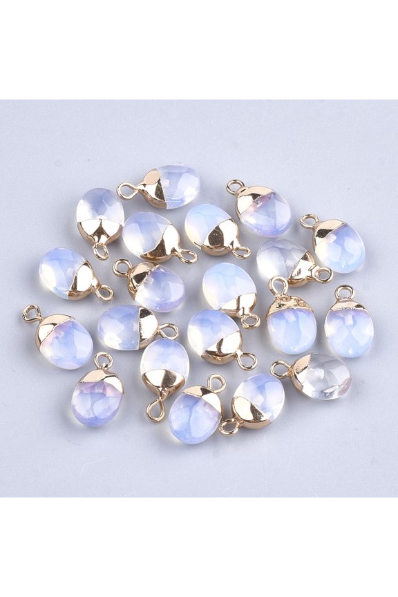 Electroplate Opalite Charms with Iron Findings Faceted Oval Golden 14~15x8x5~5.5mm Hole: 1.8mm diy