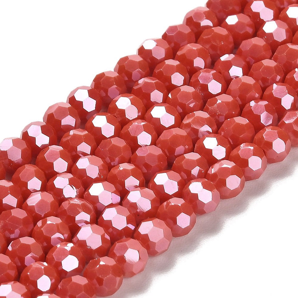 Electroplate Opaque Glass Beads Strands Faceted(32 Facets) Pearl Luster Plated Round FireBrick 6mm Hole: 1mm about 98~100pcs/strand 20.39~20.59 inch(51.8~52.3cm)