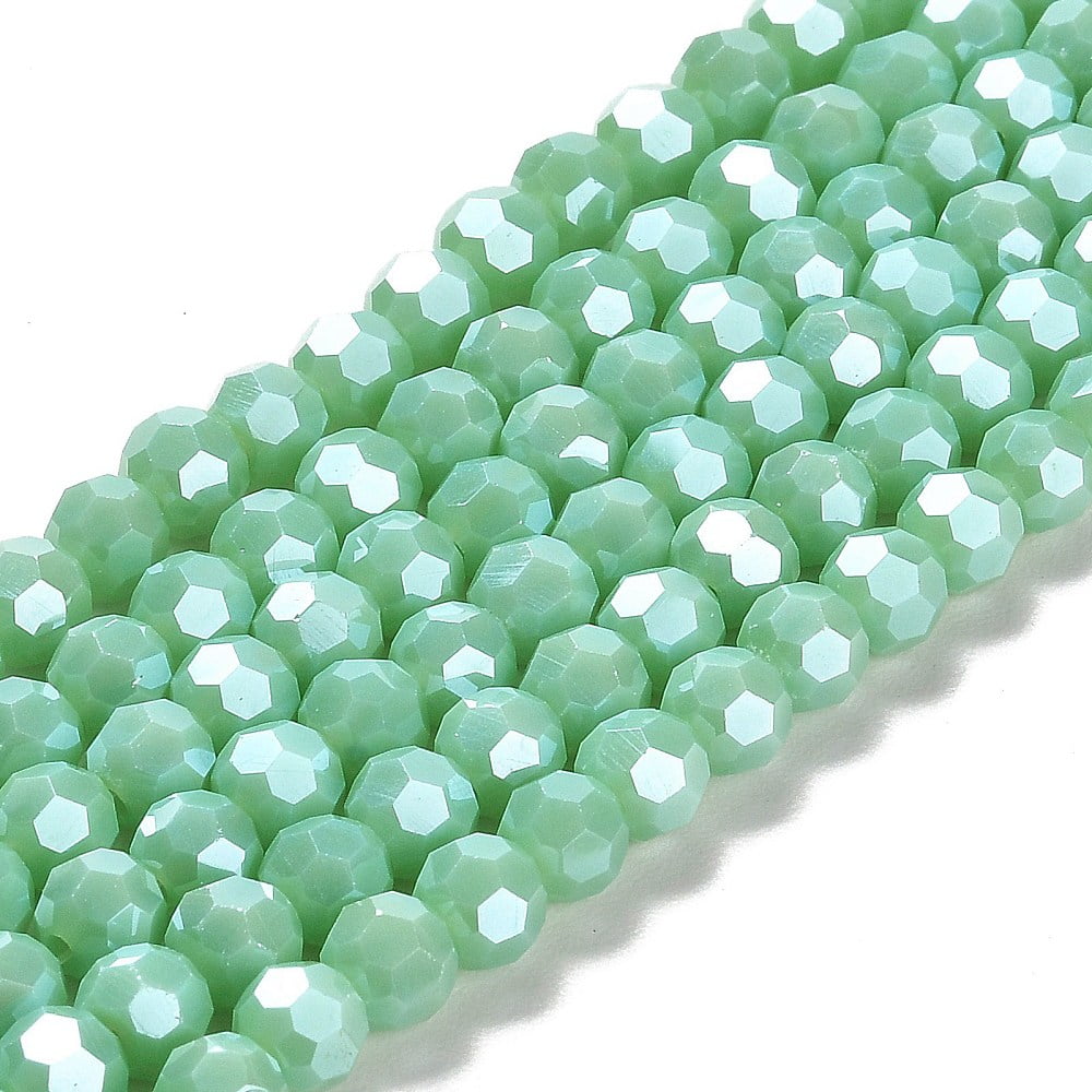 Electroplate Opaque Glass Beads Strands Faceted(32 Facets) Pearl Luster Plated Round Medium Aquamarine 6mm Hole: 1mm about 98~100pcs/strand 20.39~20.59 inch(51.8~52.3cm)