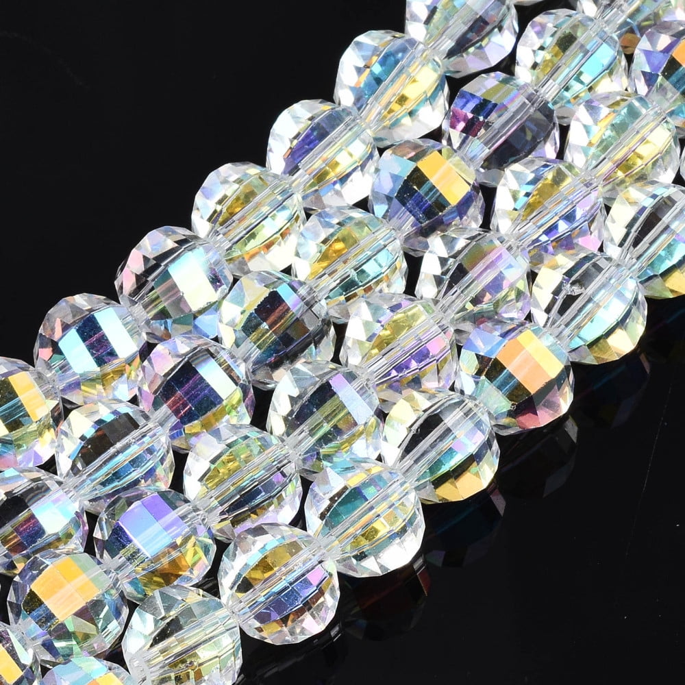 Electroplate Transparent Glass Beads Strands AB color Plated Faceted Round Clear AB 9.5x8.5mm Hole: 1.5mm 65~70pcs/strand 22.05 inch~23.62 inch(56~60cm)