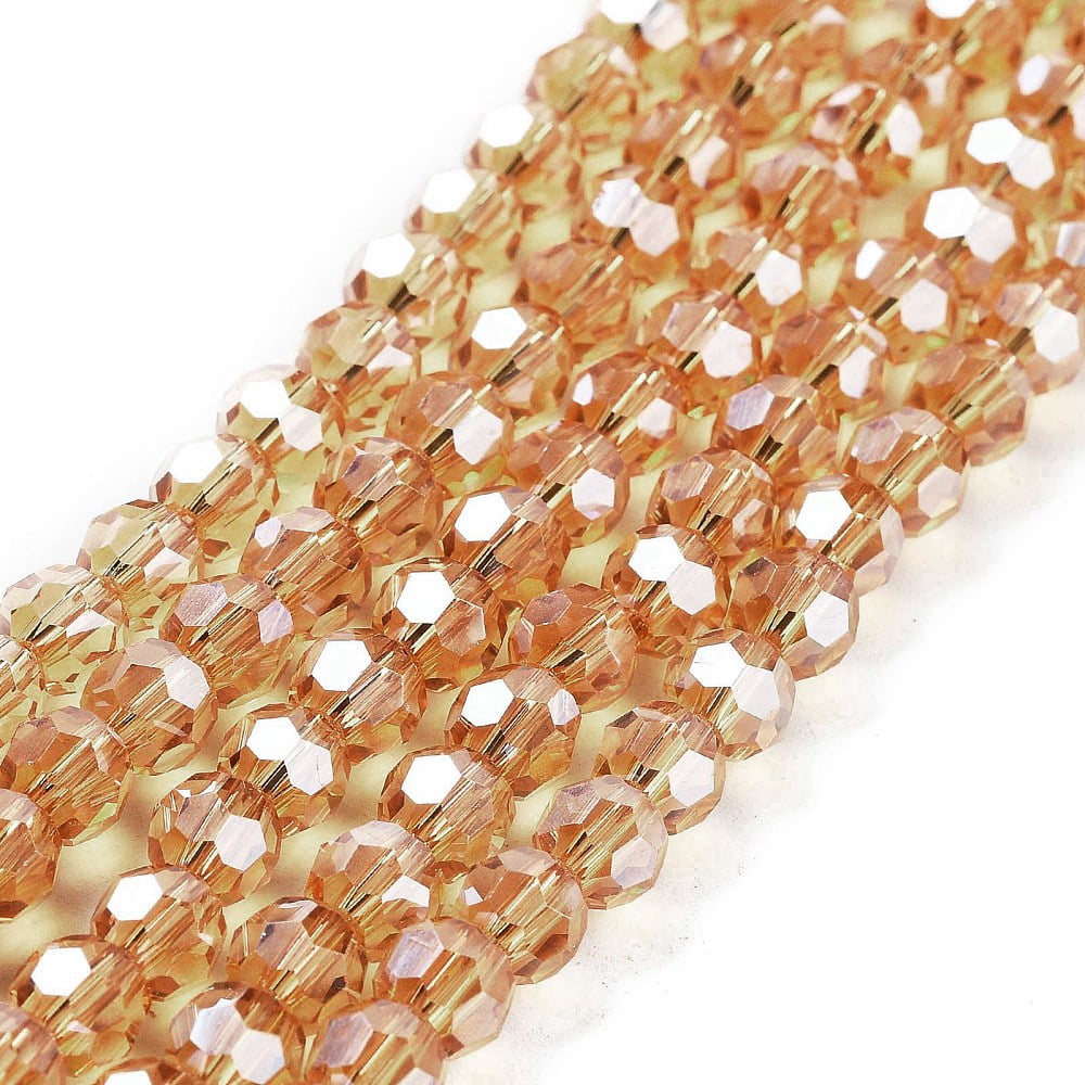 Electroplate Transparent Glass Beads Strands Faceted(32 Facets) Round Pearl Luster Plated Camel 6mm Hole: 1mm 98~100pcs/strand 20.39~20.59 inch(51.8~52.3cm)