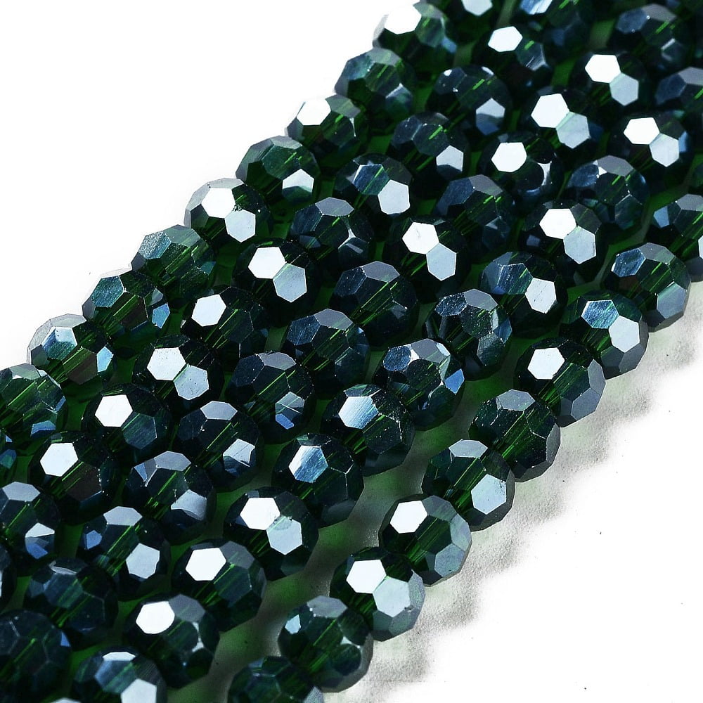 Electroplate Transparent Glass Beads Strands Faceted(32 Facets) Round Pearl Luster Plated Dark Green 6mm Hole: 1mm about 98~100pcs/strand 20.39~20.59 inch(51.8~52.3cm)