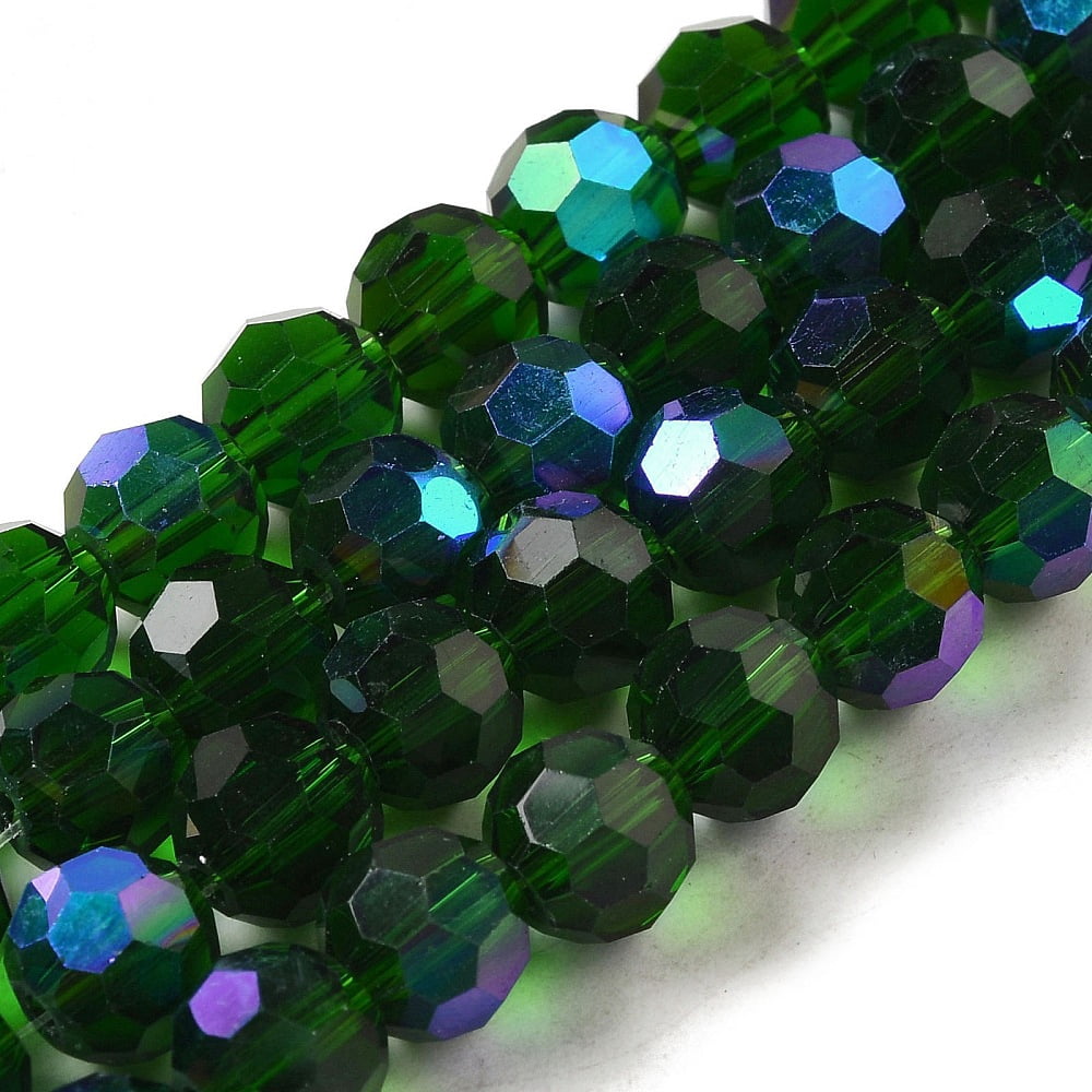 Electroplate Transparent Glass Beads Strands Faceted Round Rainbow Plated Dark Green 8mm Hole: 1mm 66~69pcs/strand 19.29~19.57 inch(49~49.7cm)