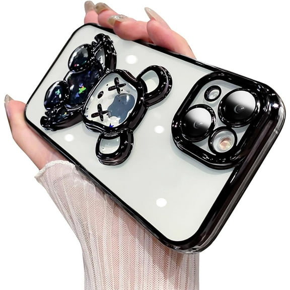 Electroplated 3D Bear for iPhone 15 Case for Women Glitter Floating Liquid Quicksand Case Shiny Cute Flexible Protective Phone Case with Camera Protector (Black)