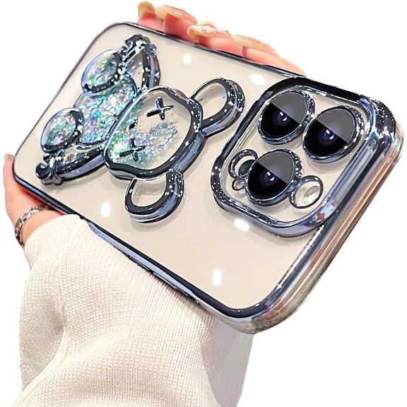 Electroplated 3D Bear for iPhone 15 Pro Max Case for Women Glitter Floating Liquid Quicksand Case with Camera Protector Slim Shockproof Full Body Protective Case (Blue)