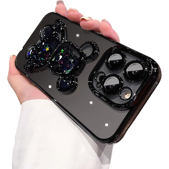 Electroplated 3D Bear for iPhone 15 Pro Max Case for Women Glitter Floating Liquid Quicksand Case with Camera Protector Slim Shockproof Full Body Protective Case (Black)