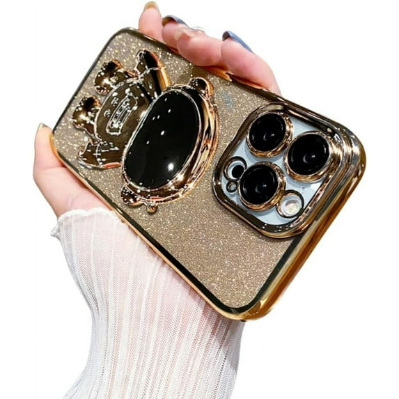 Electroplated Astronaut Case with Full Lens Film with Astronaut Invisible Stand, Glitter Glitter Paper for iPhone 15 14 13 12 11 Pro Max Mini XS XR X 7 8 Phone Case (Gold,iPhone 15 Pro Max)