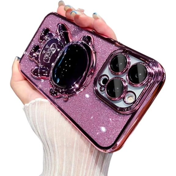 Electroplated Astronaut Case with Full Lens Film with Astronaut Invisible Stand, Glitter Glitter Paper for iPhone 15 14 13 12 11 Pro Max Mini XS XR X 7 8 Phone Case (Pink,iPhone 15)