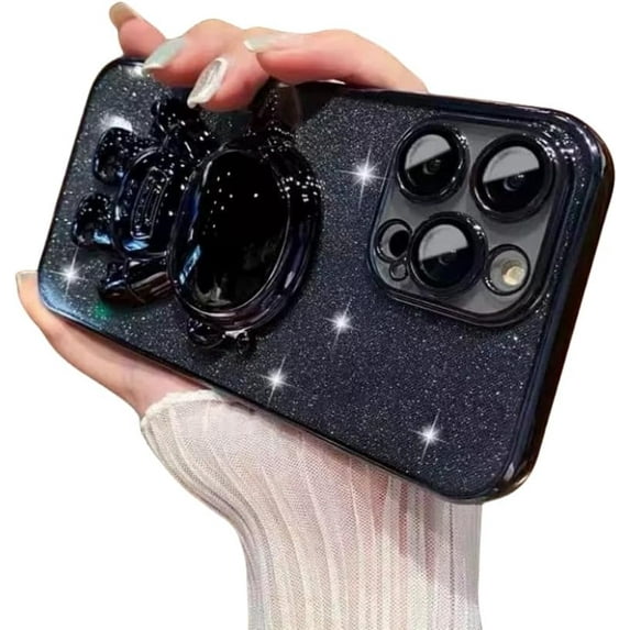 Electroplated Astronaut Case with Full Lens Film with Astronaut Invisible Stand, Glitter Glitter Paper for iPhone 15 14 13 12 11 Pro Max Mini XS XR X 7 8 Phone Case (Black,iPhone 13)