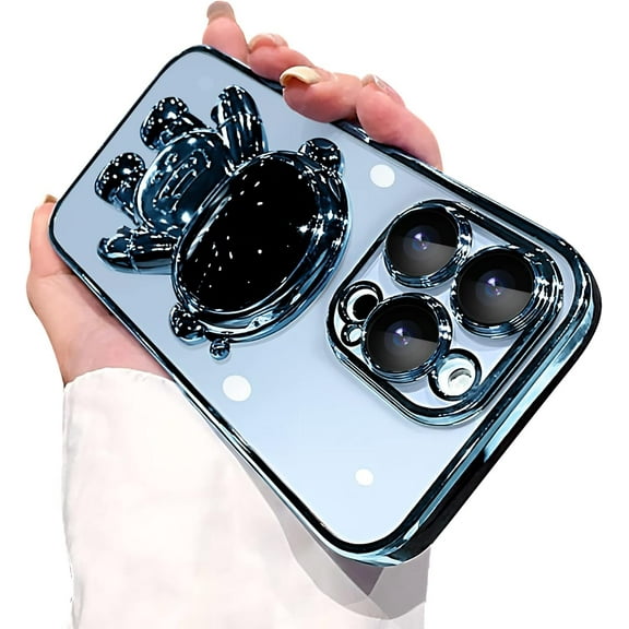 Electroplated Astronaut Hidden Stand Case for iPhone 14 Pro Max Case for Women with Camera Protection Foldable Astronaut Kickstand Phone Case Soft Glitter Bling Protective Case (Sierra Blue)
