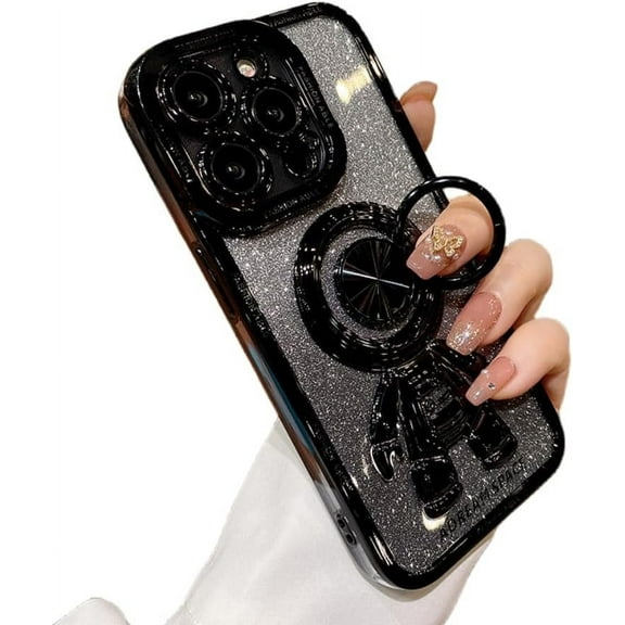 Electroplated Astronaut Rings Phone Case with Invisible Stand with or Without Gradient Glitter Paper, Drop Proof for iPhone 15 14 13 12 11 Pro Max XS XR X Phone Case (Black 2,iPhone 14 Plus)
