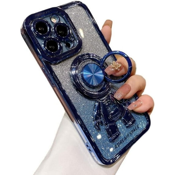 Electroplated Astronaut Rings Phone Case with Invisible Stand with or Without Gradient Glitter Paper, Drop Proof for iPhone 15 14 13 12 11 Pro Max XS XR X Phone Case (Blue 2,iPhone 13)