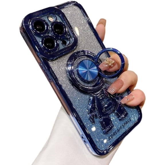 Electroplated Astronaut Rings Phone Case with Invisible Stand with or Without Gradient Glitter Paper, Drop Proof for iPhone 15 14 13 12 11 Pro Max XS XR X Phone Case (Blue 2,iPhone 15 Plus)