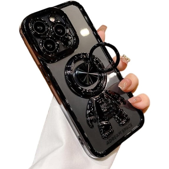 Electroplated Astronaut Rings Phone Case with Invisible Stand with or Without Gradient Glitter Paper, Drop Proof for iPhone 15 14 13 12 11 Pro Max XS XR X Phone Case (Black 1,iPhone 15 Plus)