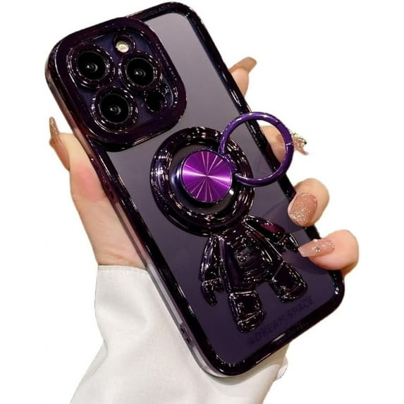 Electroplated Astronaut Rings Phone Case with Invisible Stand with or without Gradient Glitter Paper, Drop Proof for iPhone 15 14 13 12 11 Pro Max XS XR X Phone Case (Dark Purle 1,iphone 11 Pro Max)