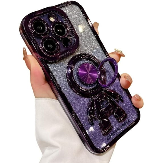Electroplated Astronaut Rings Phone Case with Invisible Stand with or without Gradient Glitter Paper, Drop Proof for iPhone 15 14 13 12 11 Pro Max XS XR X Phone Case (Dark Purle 2,iphone XS Max)