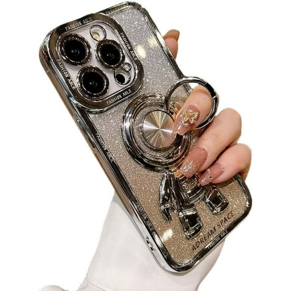 Electroplated Astronaut Rings Phone Case with Invisible Stand with or without Gradient Glitter Paper, Drop Proof for iPhone 15 14 13 12 11 Pro Max XS XR X Phone Case (Silver 2,iphone 13 Pro Max)