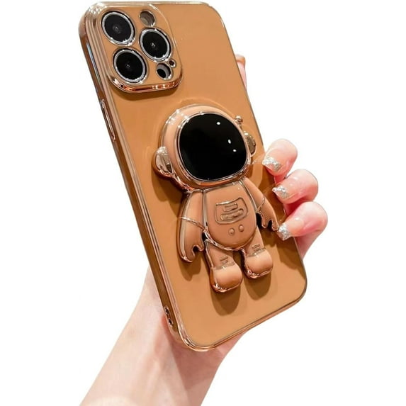 Electroplated Astronaut Stand Phone Case, Hidden Stand, Free Your Hands, Side Love, for iPhone 15 14 13 12 11 Pro Max Mini XS XR X 7 8 6 SE Phone Case (Brown,iPhone XR)