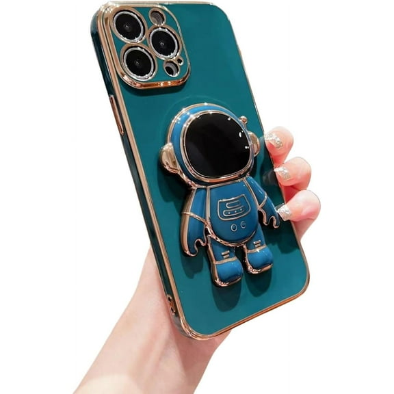 Electroplated Astronaut Stand Phone Case, Hidden Stand, Free Your Hands, Side Love, for iPhone 15 14 13 12 11 Pro Max Mini XS XR X 7 8 6 SE Phone Case (Dark Green,iPhone 7 Plus)