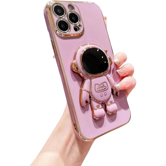 Electroplated Astronaut Stand Phone Case, Hidden Stand, Free Your Hands, Side Love, for iPhone 15 14 13 12 11 Pro Max Mini XS XR X 7 8 6 SE Phone Case (Pink,iPhone 15)