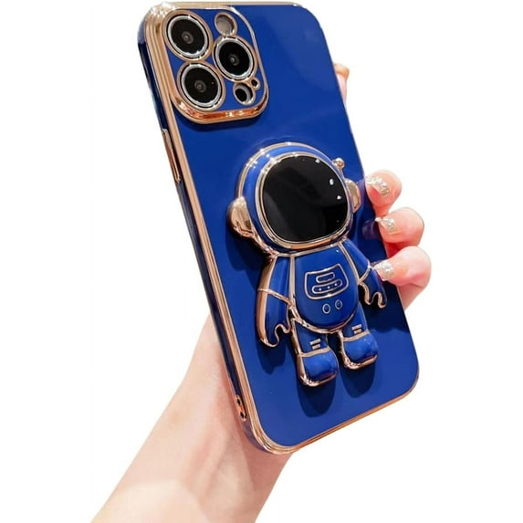 Electroplated Astronaut Stand Phone Case, Hidden Stand, Free Your Hands, Side Love, for iPhone 15 14 13 12 11 Pro Max Mini XS XR X 7 8 6 SE Phone Case (Dark Blue,iPhone 14)