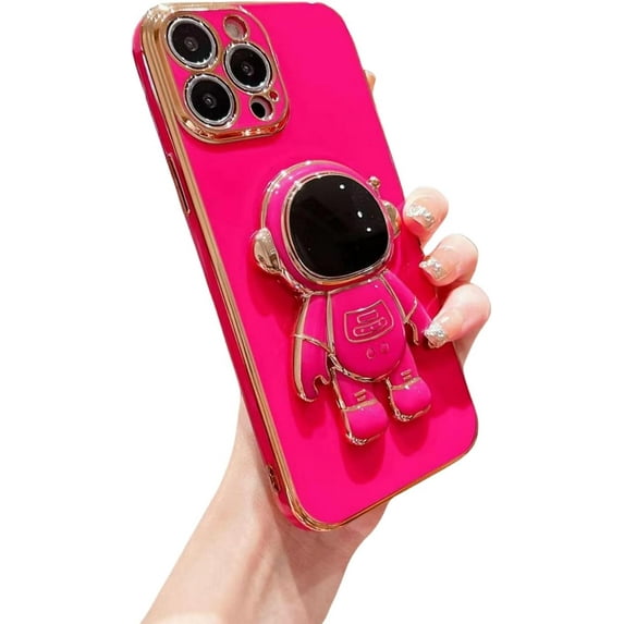 Electroplated Astronaut Stand Phone Case, Hidden Stand, Free Your Hands, Side Love, for iPhone 15 14 13 12 11 Pro Max Mini XS XR X 7 8 6 SE Phone Case (Rose Red,iPhone 13 Mini)
