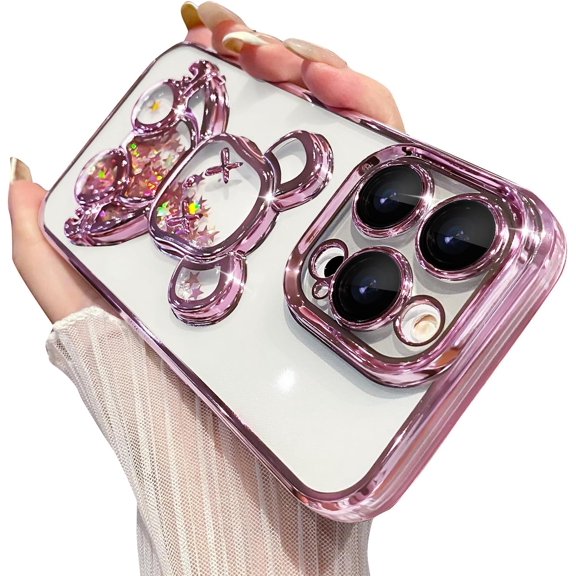 Electroplated Bear for iPhone 15 Pro Case for Women Glitter Floating Liquid Quicksand Case with Camera Protector Slim Shockproof Full Body Protective Case (Pink)