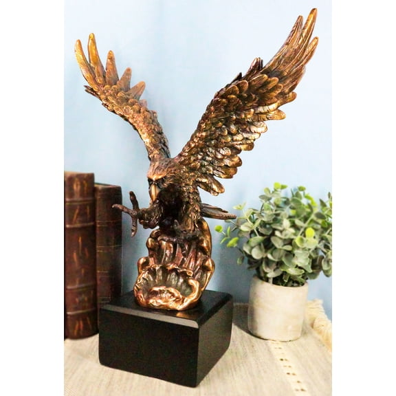 Electroplated Bronze Resin Bald Eagle With Open Wings Swooping Over Water Statue