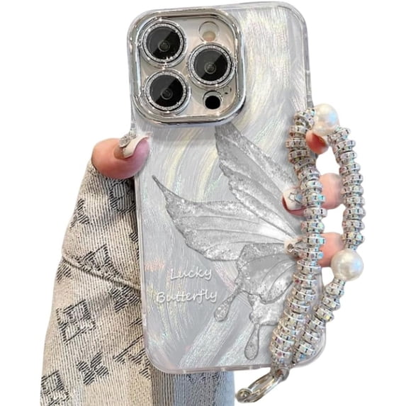 Electroplated Butterfly Glitter Feathered Case with or Without Chain, Lens Film Fully Covered, Drop Proof for iPhone 15 14 13 12 11 Pro Max XS XR X Phone Case (Silver 2,iPhone 14 Pro Max)