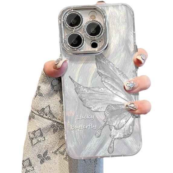 Electroplated Butterfly Glitter Feathered Case with or Without Chain, Lens Film Fully Covered, Drop Proof for iPhone 15 14 13 12 11 Pro Max XS XR X Phone Case (Silver 1,iPhone 11 Pro Max)