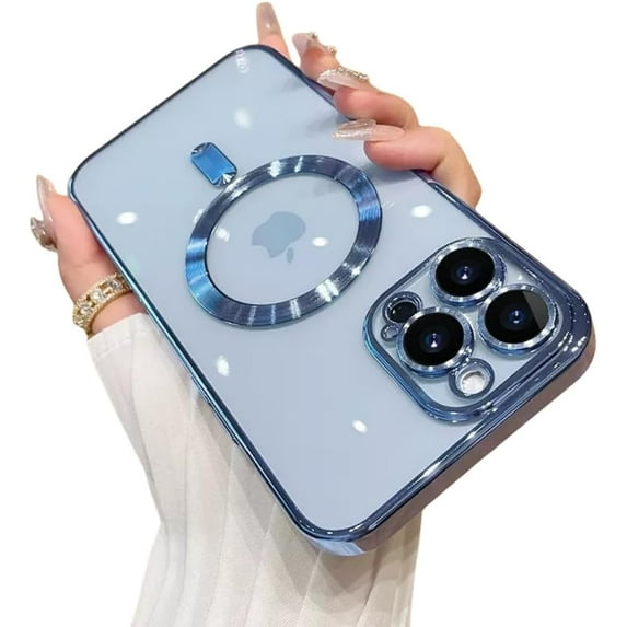 Electroplated CD Pattern Magnetic Case with Lens Protector, Transparent Case, Anti-Drop, for iPhone 15 14 13 12 11 Pro Max XS XR X 7 8 SE Phone Case (Blue,iPhone 13)