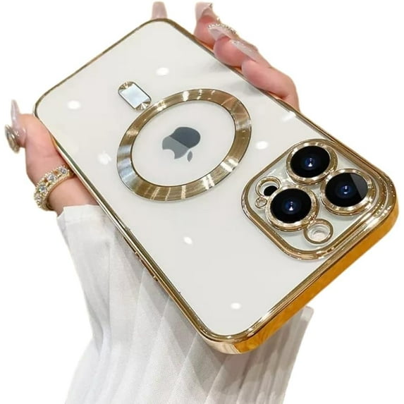 Electroplated CD Pattern Magnetic Case with Lens Protector, Transparent Case, Anti-Drop, for iPhone 15 14 13 12 11 Pro Max XS XR X 7 8 SE Phone Case (Gold,iPhone 7/8)