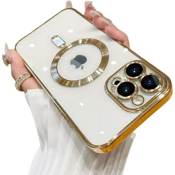 Electroplated CD Pattern Magnetic Case with Lens Protector, Transparent Case, Anti-Drop, for iPhone 15 14 13 12 11 Pro Max XS XR X 7 8 SE Phone Case (Gold,iPhone 7plus/8plus)