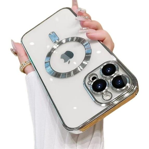 Electroplated CD Pattern Magnetic Case with Lens Protector, Transparent Case, Anti-Drop, for iPhone 15 14 13 12 11 Pro Max XS XR X 7 8 SE Phone Case (Silver,iPhone 13)