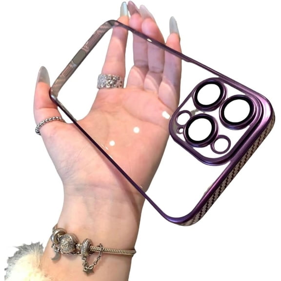 Electroplated Carbon Fiber Bezel Case, Clear Phone Case, Lens Full Cover, Hard Case, Drop Resistant and Wear Resistant, for iPhone 15 14 13 12 Pro Max Plus Phone Case (Purple,iPhone 15 Pro Max)