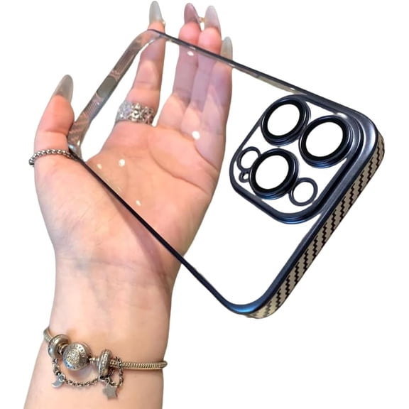 Electroplated Carbon Fiber Bezel Case, Clear Phone Case, Lens Full Cover, Hard Case, Drop Resistant and Wear Resistant, for iPhone 15 14 13 12 Pro Max Plus Phone Case (Dark Blue,iPhone 14 Pro)