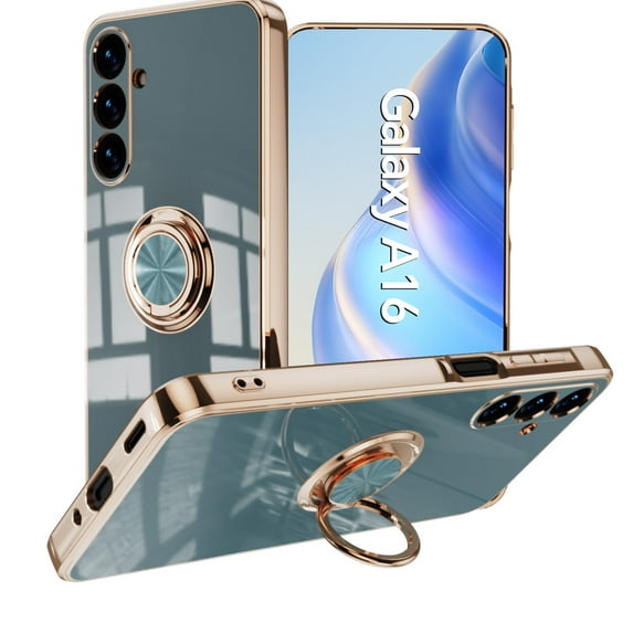 Electroplated Case for Samsung Galaxy A16 5G, Slim Plating Rotatable Metal Ring Holder Stand Cover Support Magnetic Car Mount Rugged Shockproof Protective Case for Samsung Galaxy A16 5G, Gray