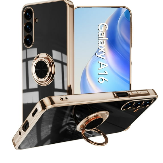 Electroplated Case for Samsung Galaxy A16 5G, Slim Plating Rotatable Metal Ring Holder Stand Cover Support Magnetic Car Mount Rugged Shockproof Protective Case for Samsung Galaxy A16 5G, Black