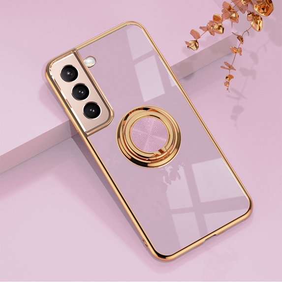 Electroplated Case for Samsung Galaxy S21 FE, Slim Thin Light Plating Frame Rotatable Metal Ring Holder Bracket Cover with Magnetic Car Mount Rugged Shockproof Anti-Scratches Case, Lightpurple