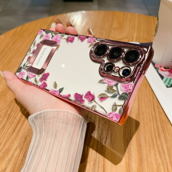 Electroplated Case for Samsung Galaxy S22 Ultra, Floral Flower Pattern Transparent Cover, Logo Hollow TPU Shockproof Lens Protector Slim Lightweight Case for Samsung Galaxy S22 Ultra,Rosegold
