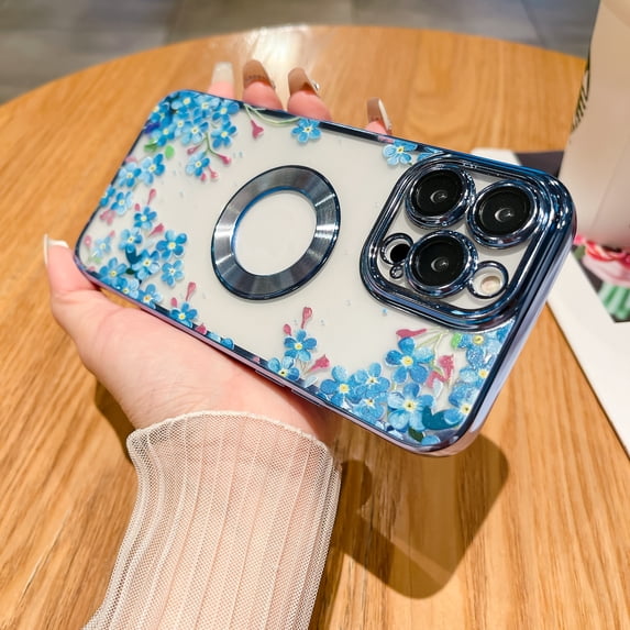 Electroplated Case for Samsung Galaxy S23 Plus, Floral Flower Pattern Magnetic MagSafe Cover, Compatible with Wireless Charging, Logo Hollow TPU Shockproof Lens Protector Case,Blue