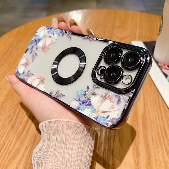 Electroplated Case for Samsung Galaxy S23 Plus, Floral Flower Pattern Magnetic MagSafe Cover, Compatible with Wireless Charging, Logo Hollow TPU Shockproof Lens Protector Case,Black