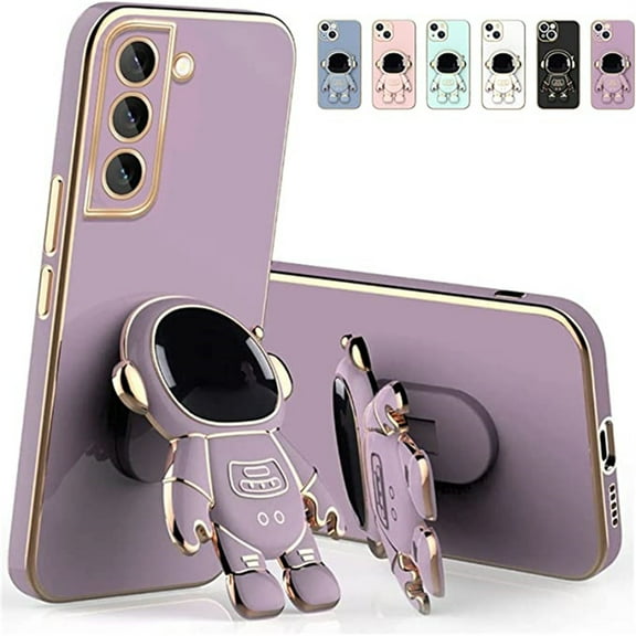 Electroplated Case for Samsung Galaxy S23 Ultra, Cute 3D Astronaut Hidden Kickstand Slim Cover, TPU Rubber Shockproof Anti-Scratches Case for Samsung Galaxy S23 Ultra,Purple