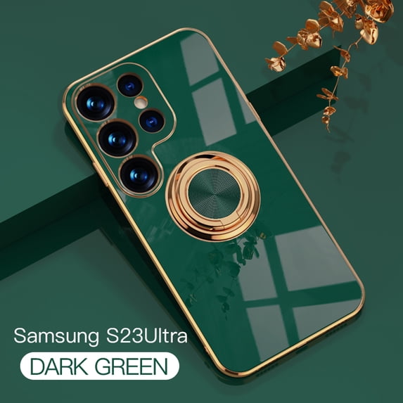 Electroplated Case for Samsung Galaxy S23 Ultra, Slim Thin Light Plating Frame Rotatable Metal Ring Holder Bracket Cover with Magnetic Car Mount Rugged Shockproof Anti-Scratches Case,Darkgreen