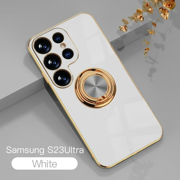 Electroplated Case for Samsung Galaxy S23 Ultra, Slim Thin Light Plating Frame Rotatable Metal Ring Holder Bracket Cover with Magnetic Car Mount Rugged Shockproof Anti-Scratches Case,White