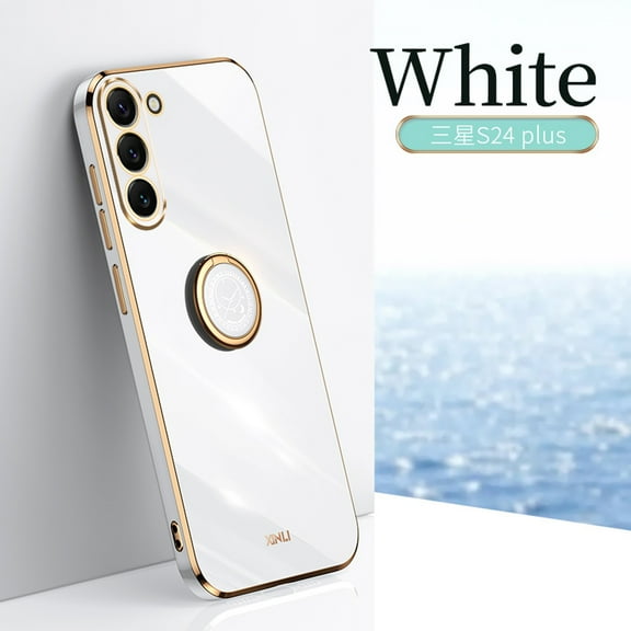 Electroplated Case for Samsung Galaxy S24, Glossy Soft Silicone Shockproof Anti-Drop Lens Protection Cover with Ring Holder Kickstand Bracket Ultra Slim Case for Samsung Galaxy S24,White