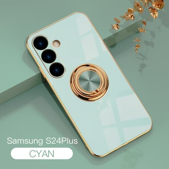 Electroplated Case for Samsung Galaxy S24 Plus with Rotatable Metal Ring Holder Stand, Slim Lightweight Plating Frame Cover with Magnetic Car Mount Rugged Shockproof Anti-Scratches Case, Mint