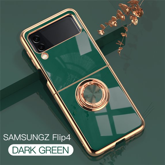 Electroplated Case for Samsung Galaxy Z Flip 4 5G, Slim Thin Light Plating Frame Rotatable Metal Ring Holder Bracket Cover with Magnetic Car Mount Rugged Shockproof Anti-Scratches Case, Darkgreen