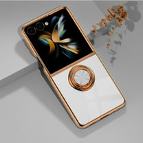 Electroplated Case for Samsung Galaxy Z Flip 7 with Rotatable Metal Ring Stand, Slim Plating Frame Bracket Cover Support Magnetic Car Mount, Shockproof Anti-Scratches Rugged Case, White