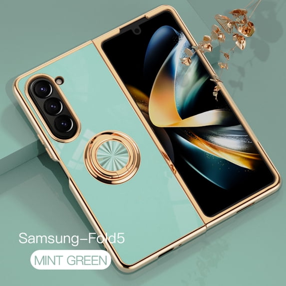Electroplated Case for Samsung Galaxy Z Fold 5, Slim Thin Light Plating Frame Rotatable Metal Ring Holder Bracket Cover with Magnetic Car Mount Rugged Shockproof Anti-Scratches Case,Mint